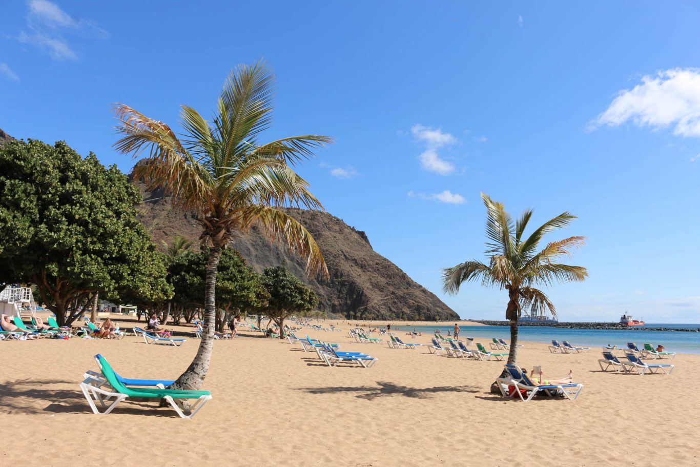 Teneriffa - Traumstrand an der Playa de Las Teresitas Palmen und Sonnenliegen am Sandstrand an der Playa de las Teresitas