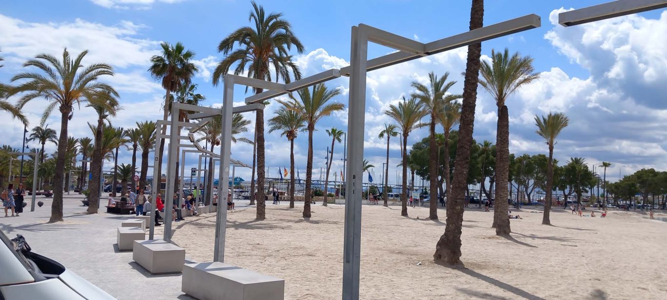 Alcudia - Weg zum Yachthafen mit Palmen Palmbaumallee in einer Strandpromenade mit blauem Himmel und Wolken.