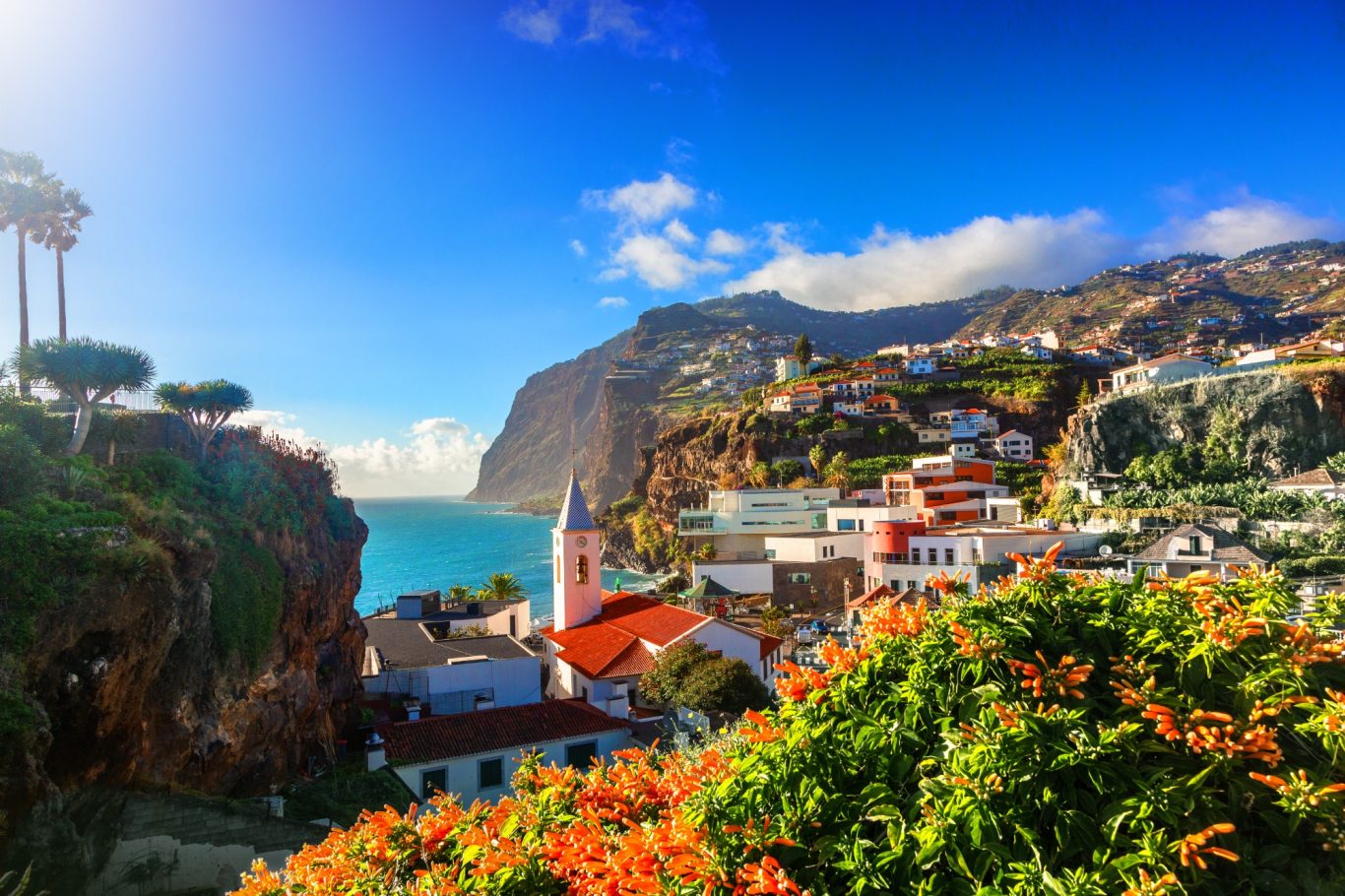 Madeira - Camara de Lobos an der Südwestküste Blick auf die bunten Häuser und die Kirche vor der Steilküste in Camara de Lobos