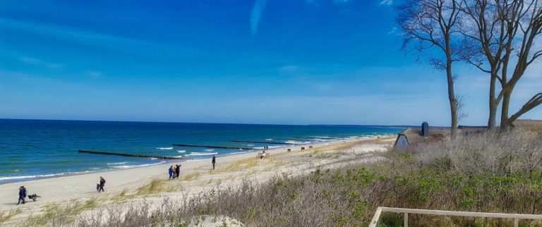 Blick auf die Ostsee mit  Urlaubern am Strand