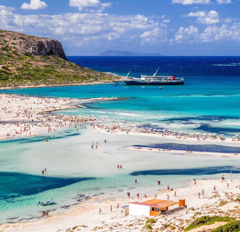Balos Beach auf Kreta mit türkisblauem Wasser und weißem Sand