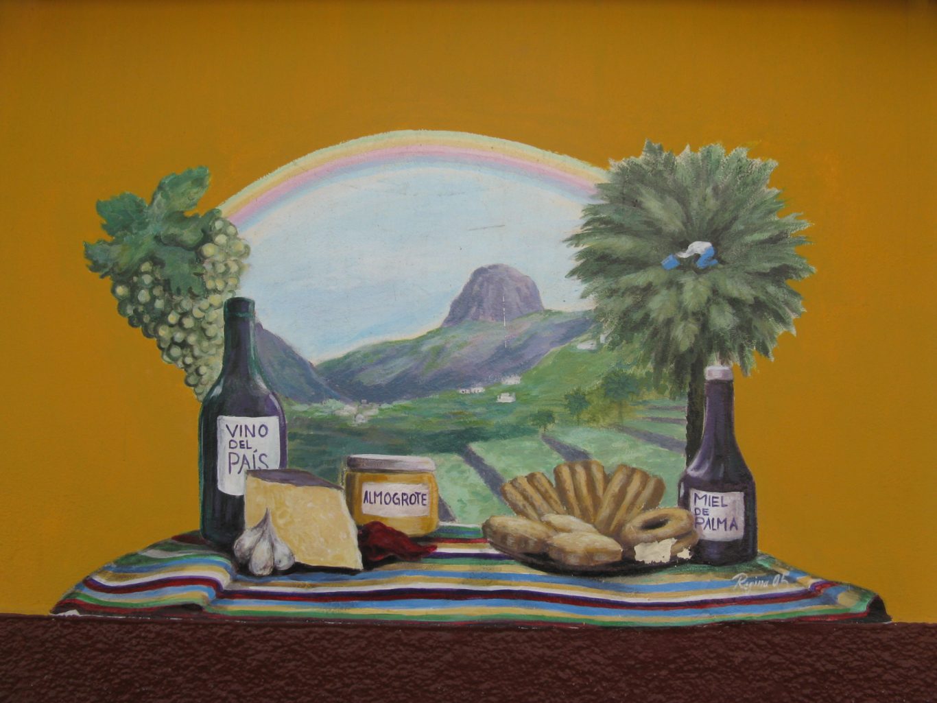 La Gomera - Wandbild mit Inselmotiven Wandmalerei mit Landschaft, Käse und Wein von La Gomera