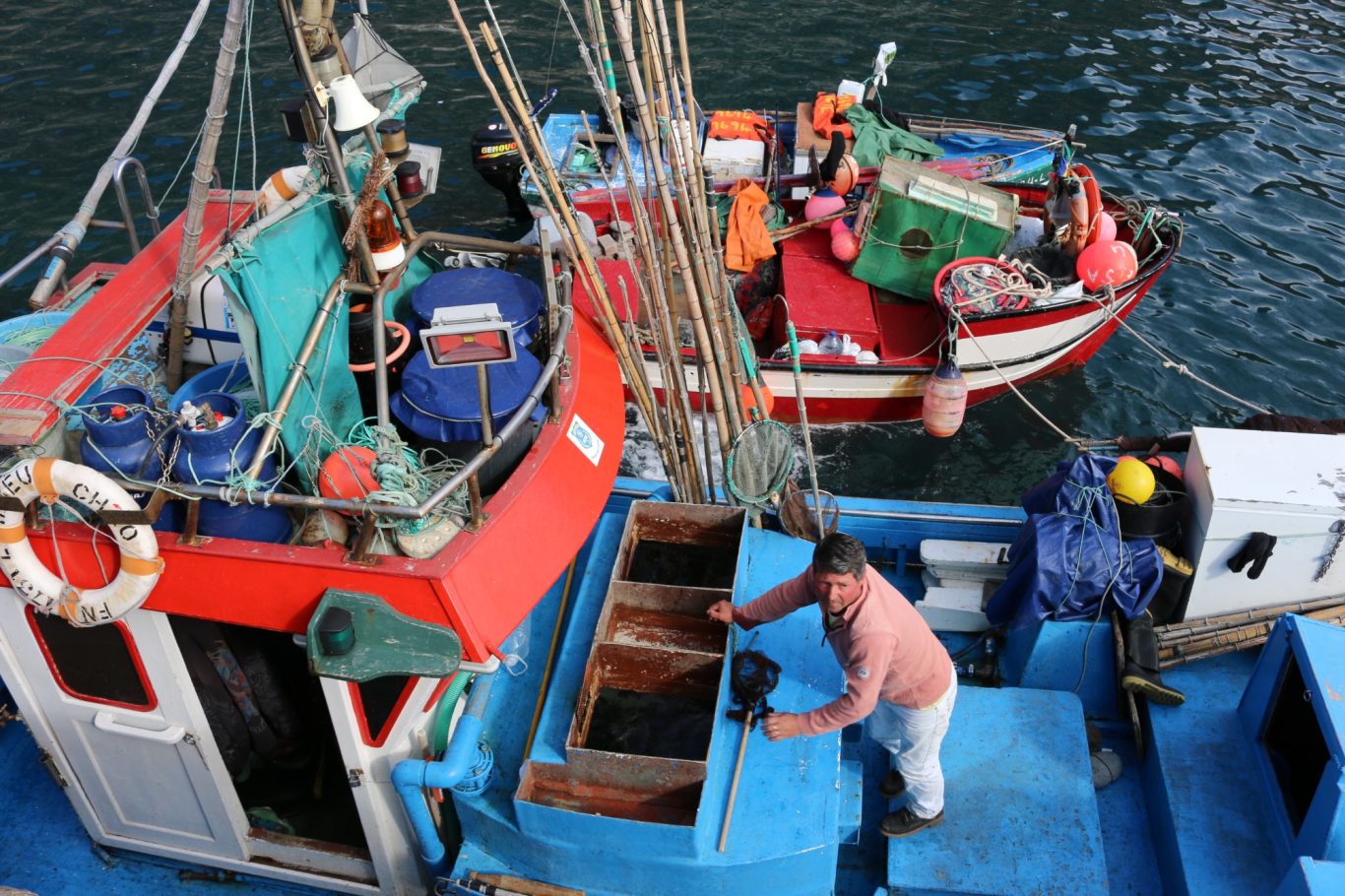 Madeira - bunte Fischerboote Fischer auf buntem Fischerboot mit Beiboot
